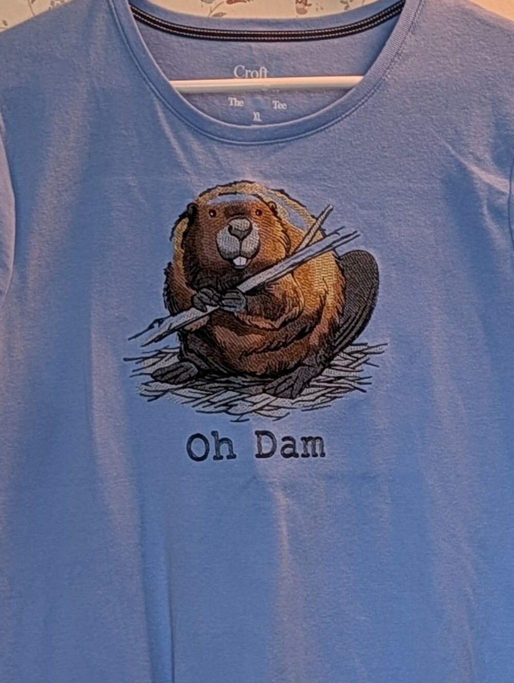 Croft & Barrow Graphic Tee Beaver 'Oh Dam' XL  embroidery nature lover wildlife